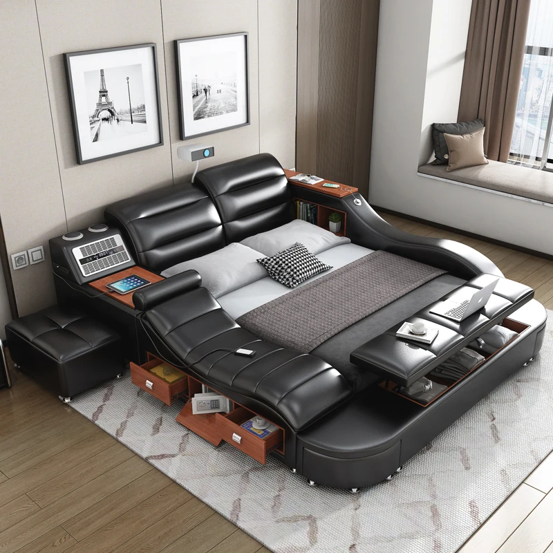 Custom modern leather luxury smart bed with massage music, tatami bed on multi-functional bedroom furniture