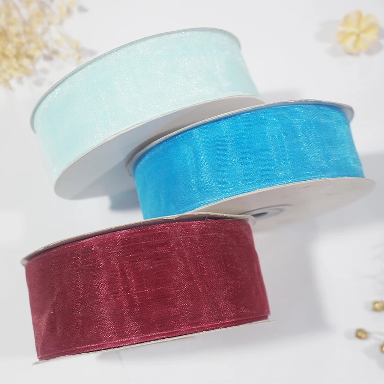 Custom Hologram Sheer Chiffon Silk White Pink Yellow Organza Ribbon For Wedding Bouquets Wrapping