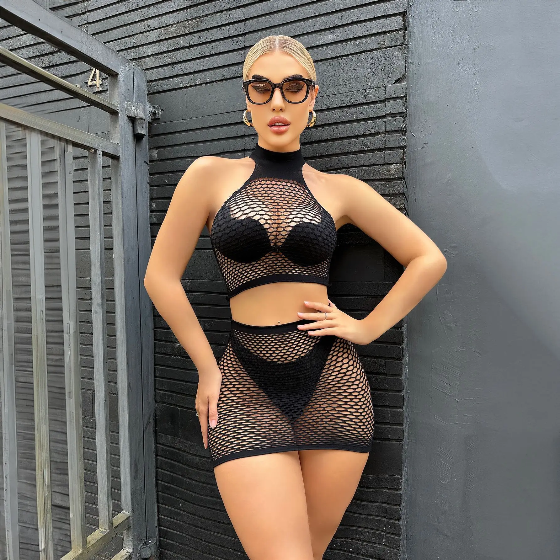 Fluorescent Green Women Sexy Lingerie Sleepwear Female Perspective Hollow Out Net Clothes Uniform Tops Hip Pack Skirt Sets