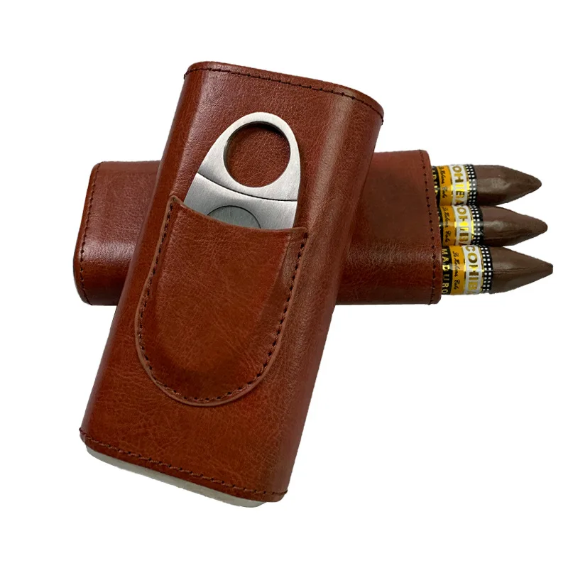 Custom Logo Cigar Boxes barrel Portable Pocket Cigar Travel Humidor Cabinet Luxury Leather Cigar Case with Cutter
