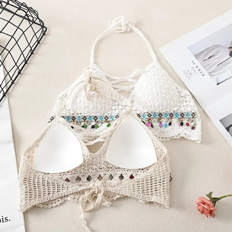 Bohemian national style lace up backless chest hollowed out hanging neck top embroidery knitted suspender vest beautiful back