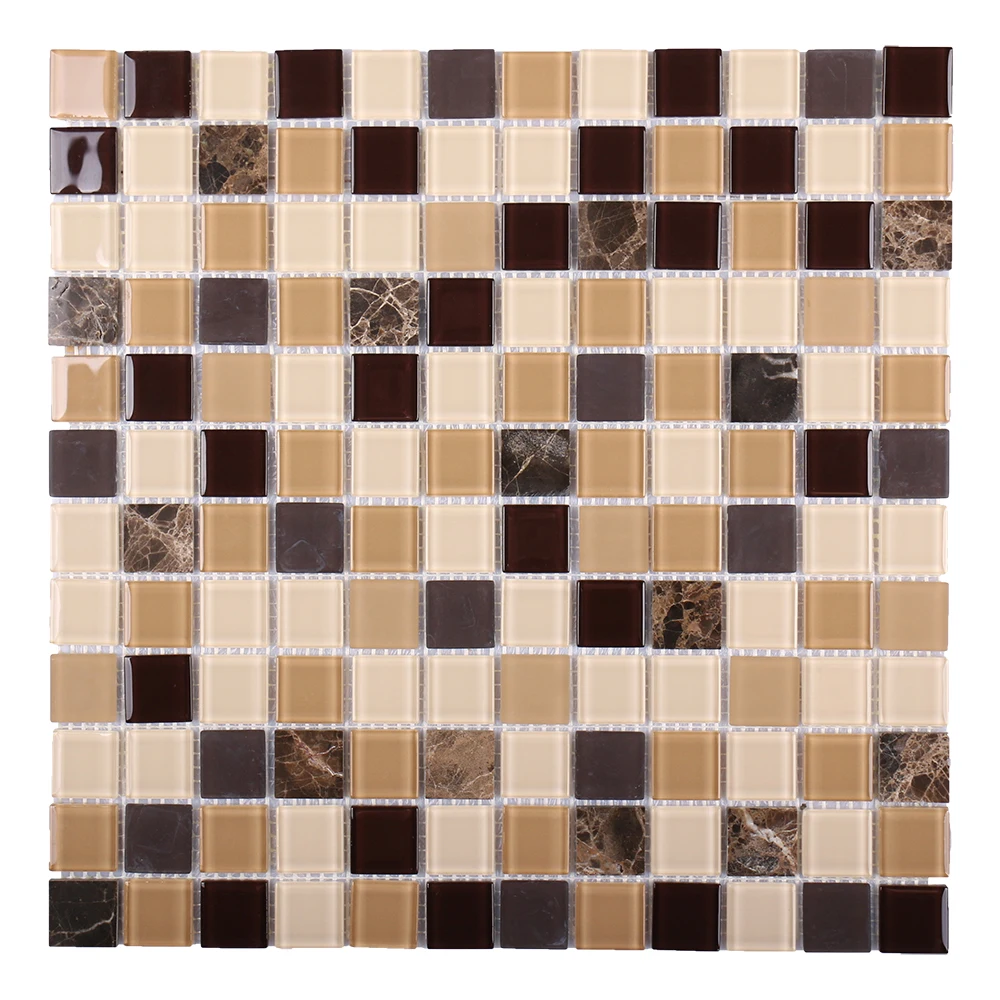 Classic kitchen wall decorative square beige brown glass marble mosaic tiles