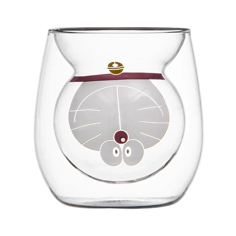 wholesale doraemon shape  glass tumbler double layer glass coffee cup cute juice cup mug