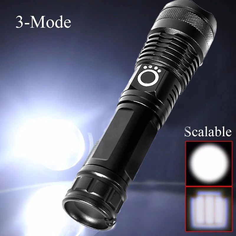 Black Aluminum Alloy Waterproof High Brightness USB Rechargeable Tactical P50 Most Powerful Portable LED Zoom Flashlight Outdoor
