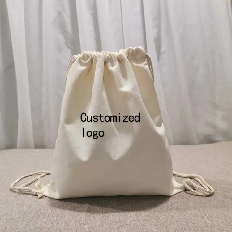 Custom Logo Reusable Draw String Gym Bag Cotton Cloth Canvas Drawstring Backpack Bag