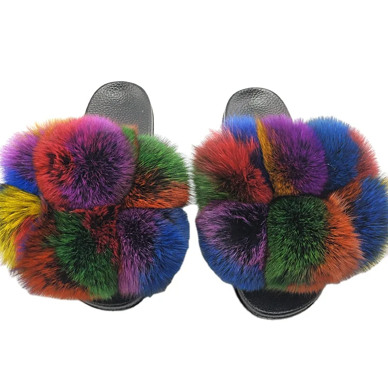 
Wholesale customized colorful cute pom pom balls fox fur slides fluffy multi-color fruffy fur slippers 