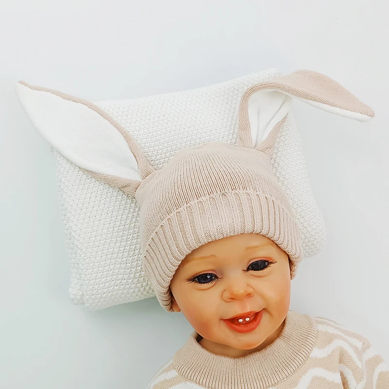 Pinuotu Cotton Knitted Baby Beanie Solid New Born Boy Girl Winter Hat Headwear Kids Lovely Rabbit Ear Warm Beanies