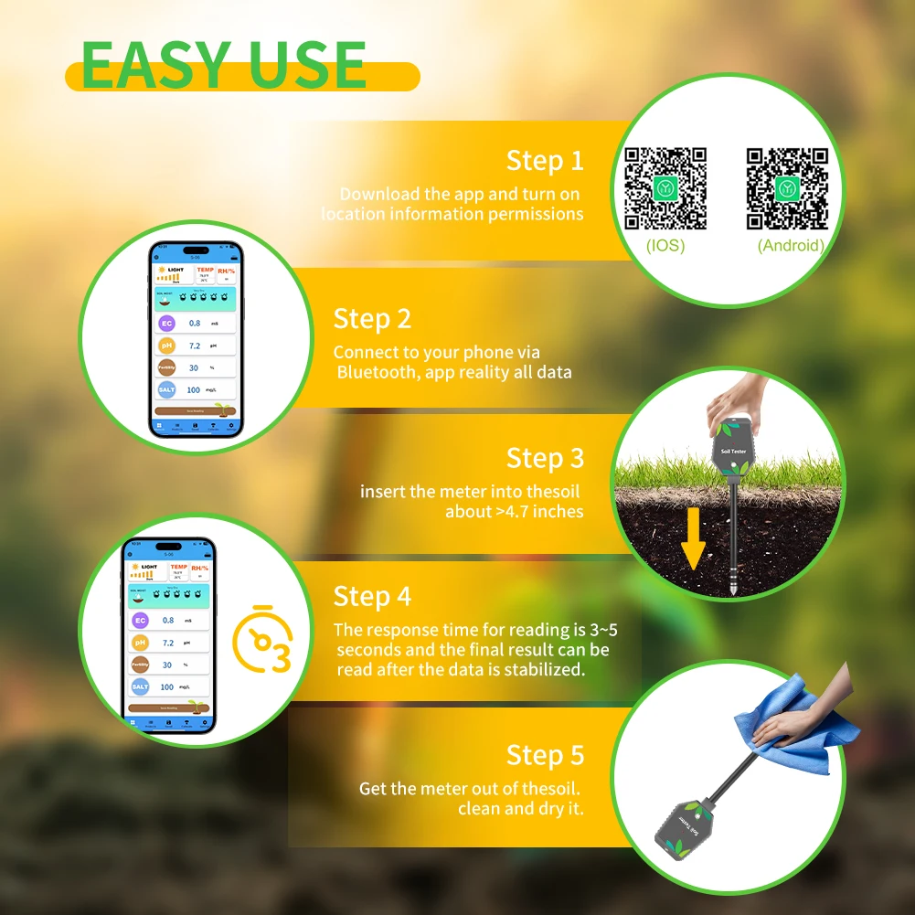 New Smart Bluetooth 8 in1 Soil EC&Salt&Fertility Multi-function Soil pH Meter with High Precision Probe for Yard Farmland Garden
