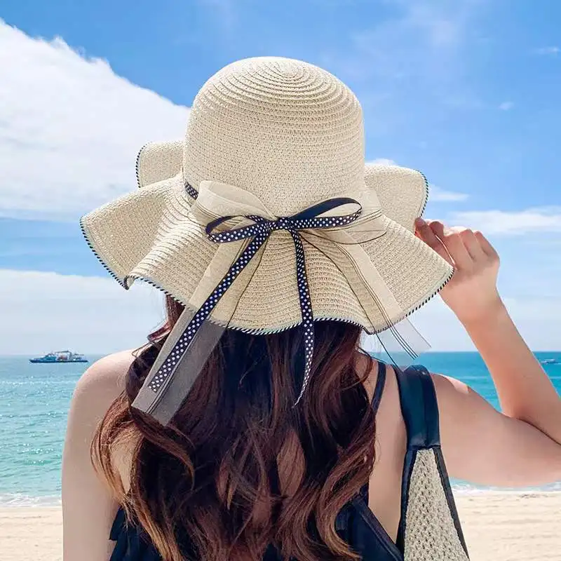 Summer outdoor beach hat with large brim sunblock straw hat decorated with bow women beach hat