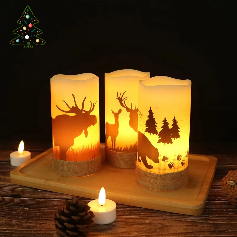 KG Xmas OEM/ODM Vela LED Navidad 3PCS Set Paraffin Wax LED Candles Lifelike Battery Powered Flameless Candle Wrapped By Rope