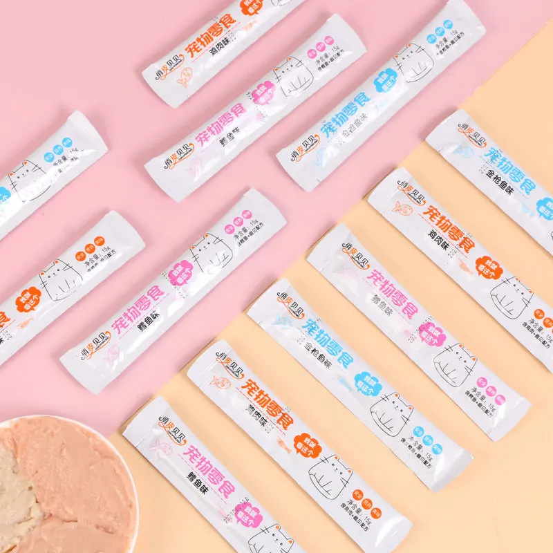 Pet Food Factory 15g Custom Pet Training Snack Bag High Quality Delicious Wet Cat Food Cat Snack Bar Wet Cat Strips Treats