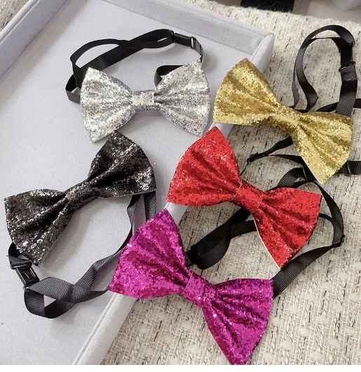 Handmade Party Banquet Pure Color All PU Leather Bow Tie Sequins Formal Tuxedo Pre-tied Bowties for Women Men