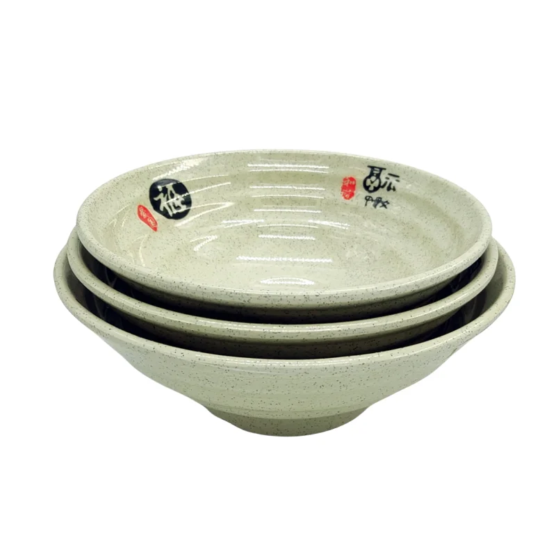 Custom Plastic Noodle Threaded Deep Bowls Chinese Fu Print Khaki Melamine Big Bowl For Restaurant