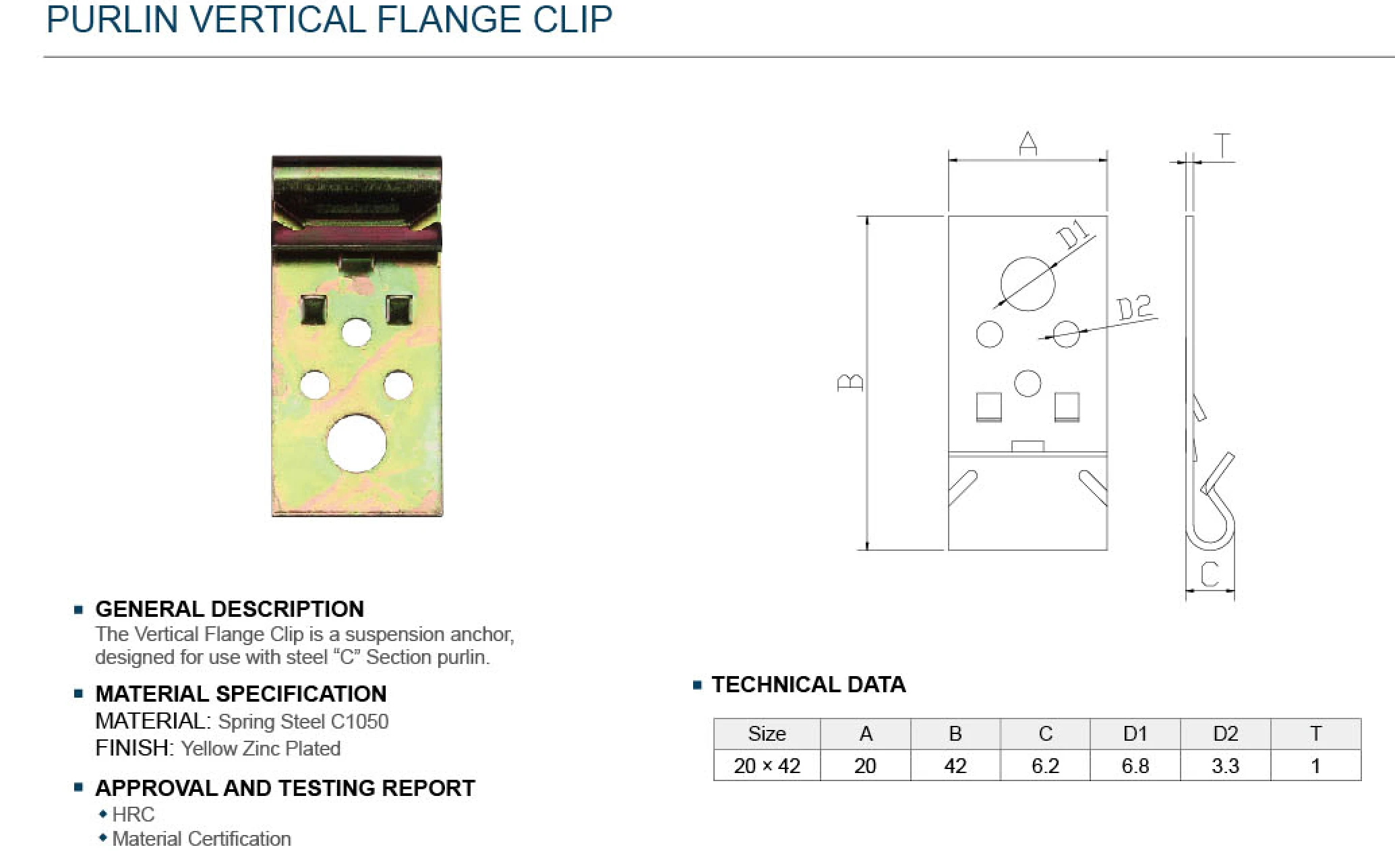 Yellow Zinc Plated Purlin Clips Vertical flange clips HRC Spring Steel C1050 Urlin Vertical Flange Clip