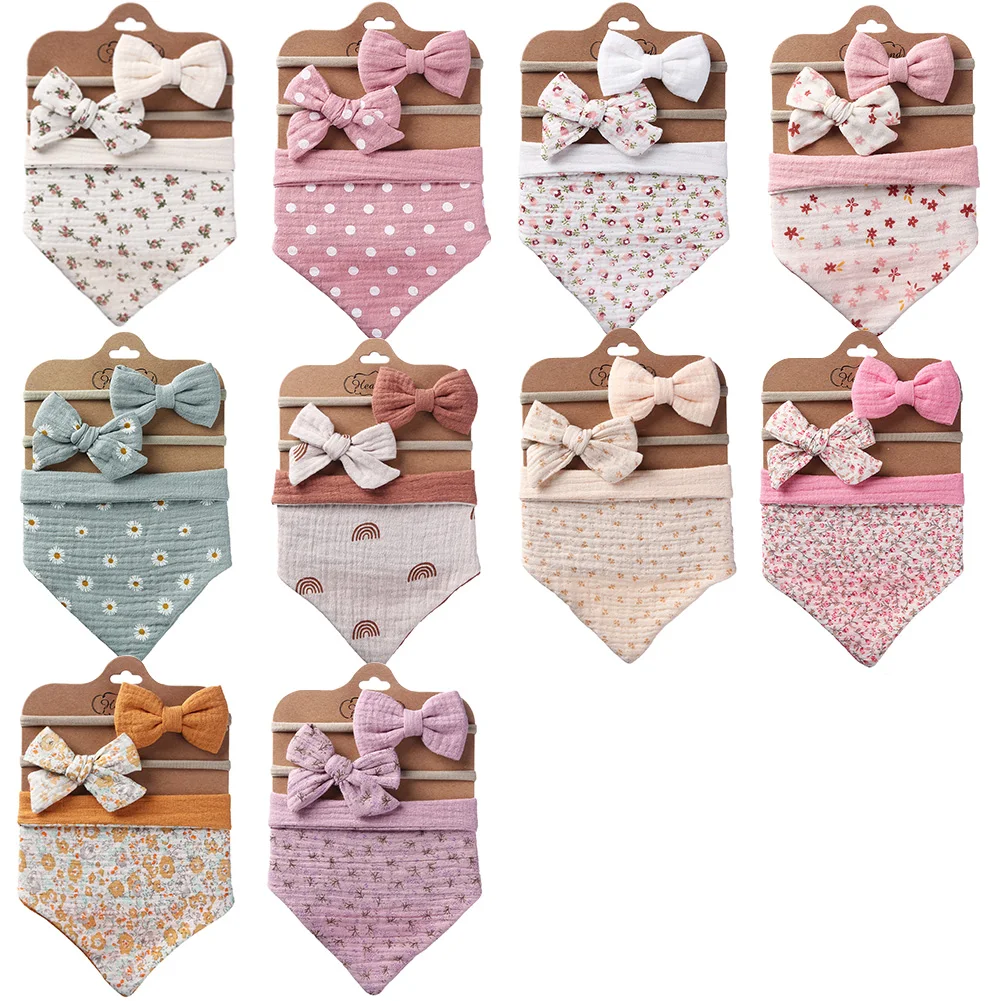 Set of 3 Soft Double-Sided Muslin Embroidery Bibs for Infants and Toddlers Feeding Burp Kid Clothes with 2 Bows for Girls