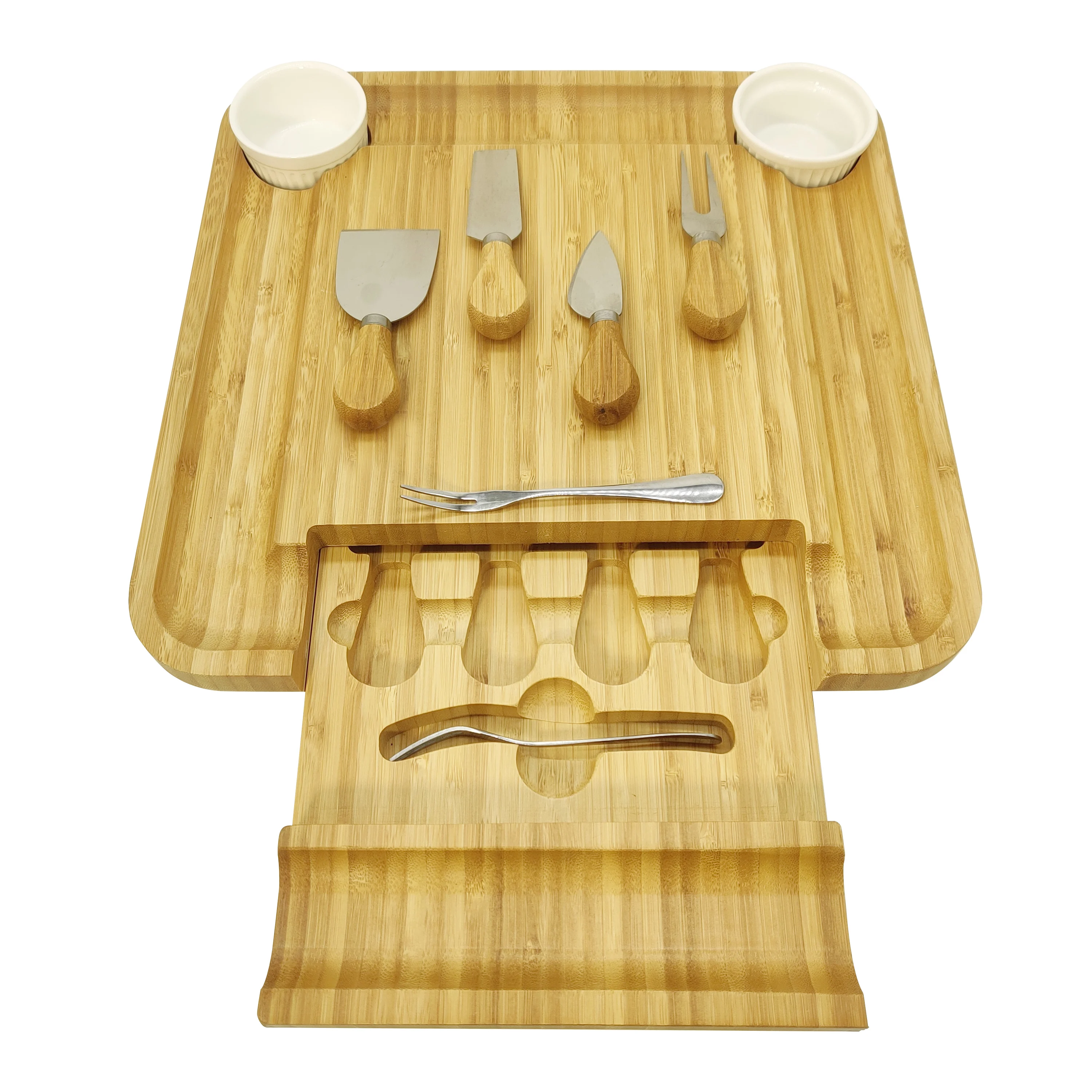 Large Bamboo Cheese Cutting Plates Board Set and Knife Set With Hidden Slide Drawers Wood Charcuterie Platter Board
