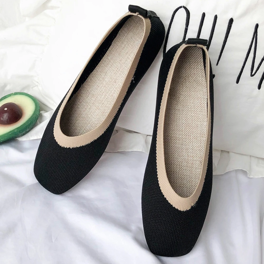 Women Flats Ballet Shoes Breathable Knitted shoes Ladies Square Toe Moccasins Mixed Color Shallow mouth single Shoes Female s37