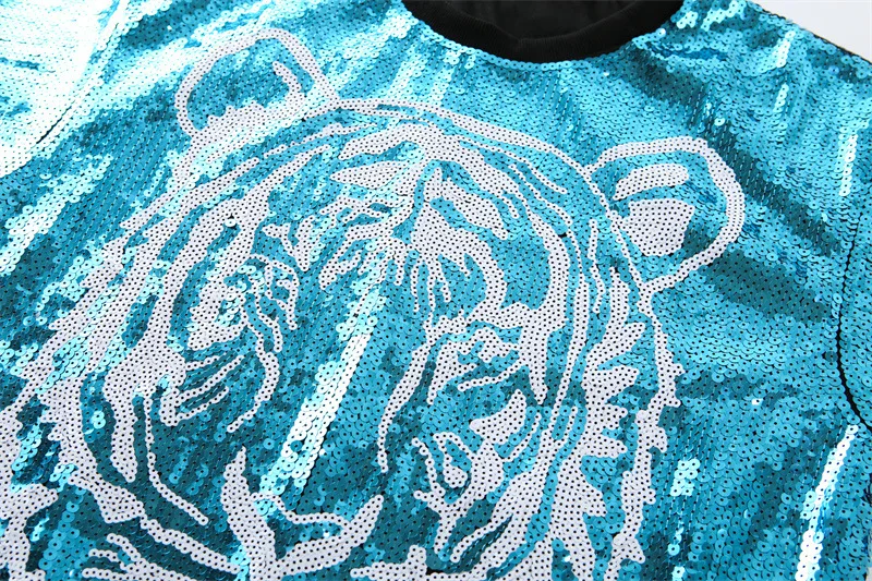 Blue Animal Tiger Sequins Jersey Sequin Dress Wholesale Bling Women Shirts Custom Sequined Dresses Fashion Clothing