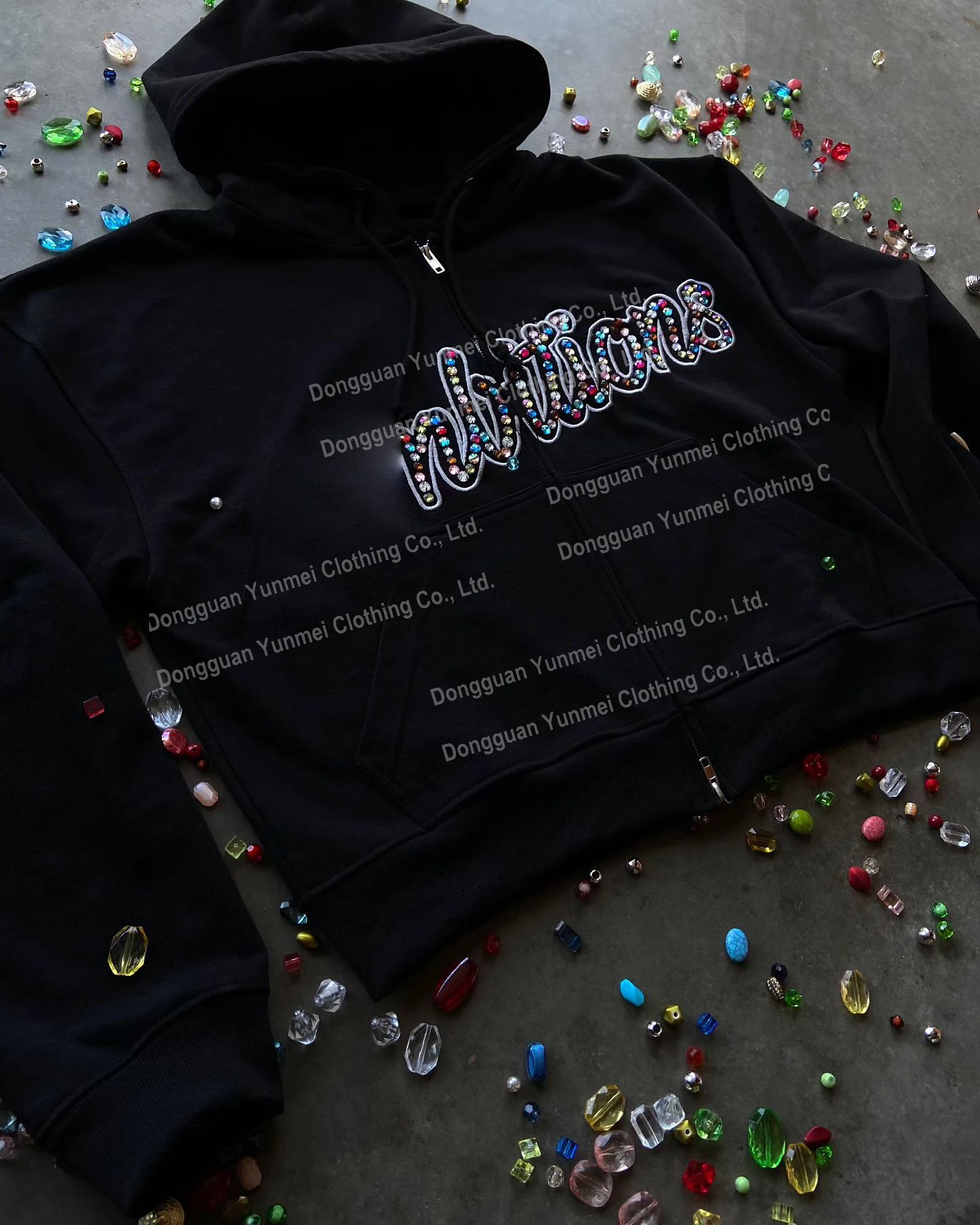 Streetwear Clothing Manufacturer Full Zip up heavyweight Hoodies Custom logo Diamond Zipper acid wash Rhinestone Hoodie For Men