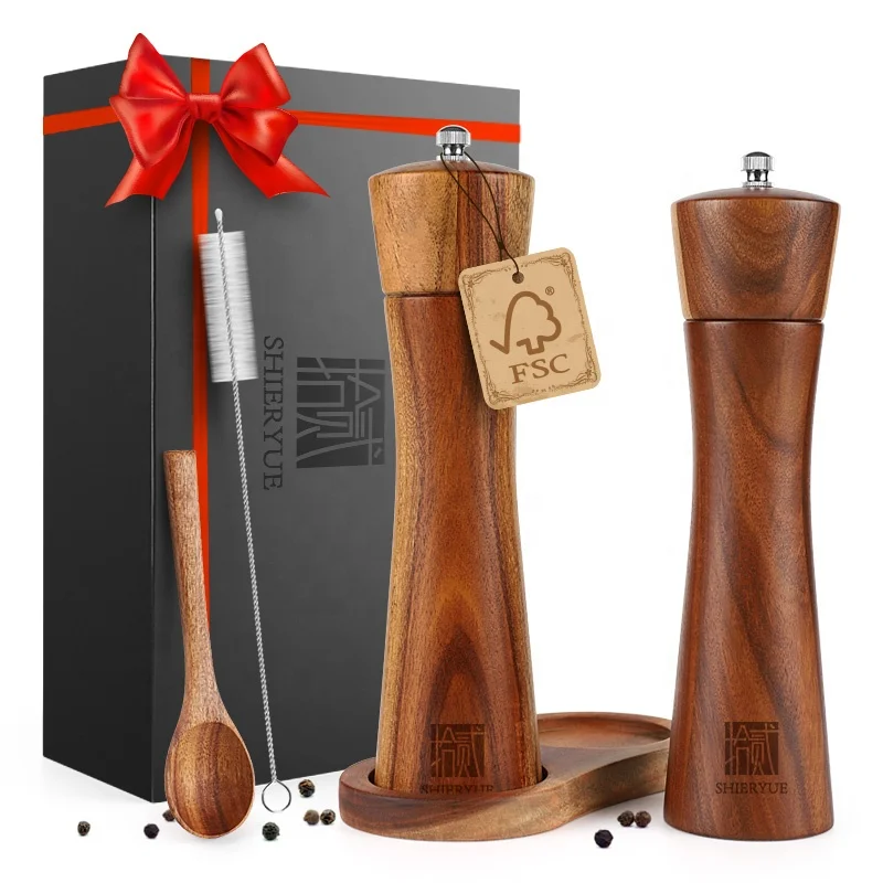 Stylish design & hot popular acacia wood salt and pepper grinder set with holder and spoon