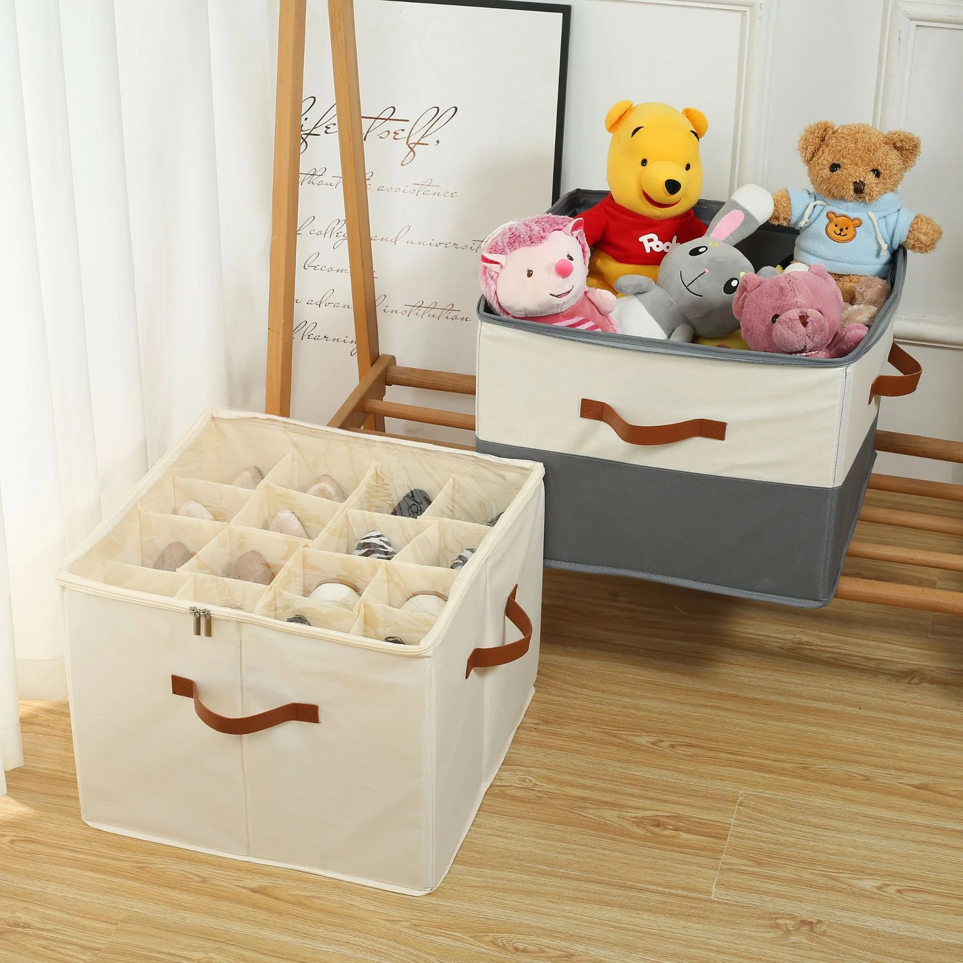 16 grid fabric storage box Shoes storage box with lid with sturdy handle