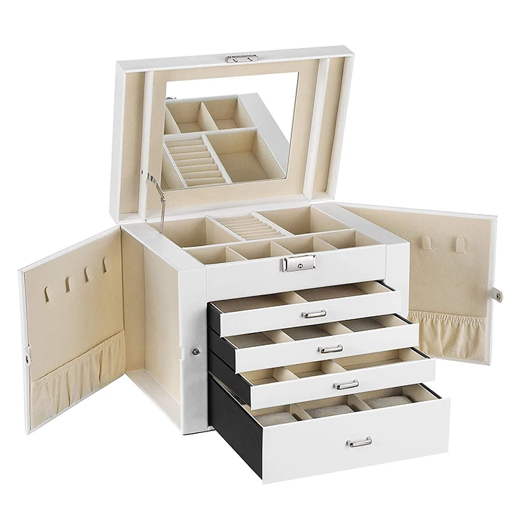 
Luxury black and white pu leather jewelry box with four drawers and lock two doors jewellery storage box 