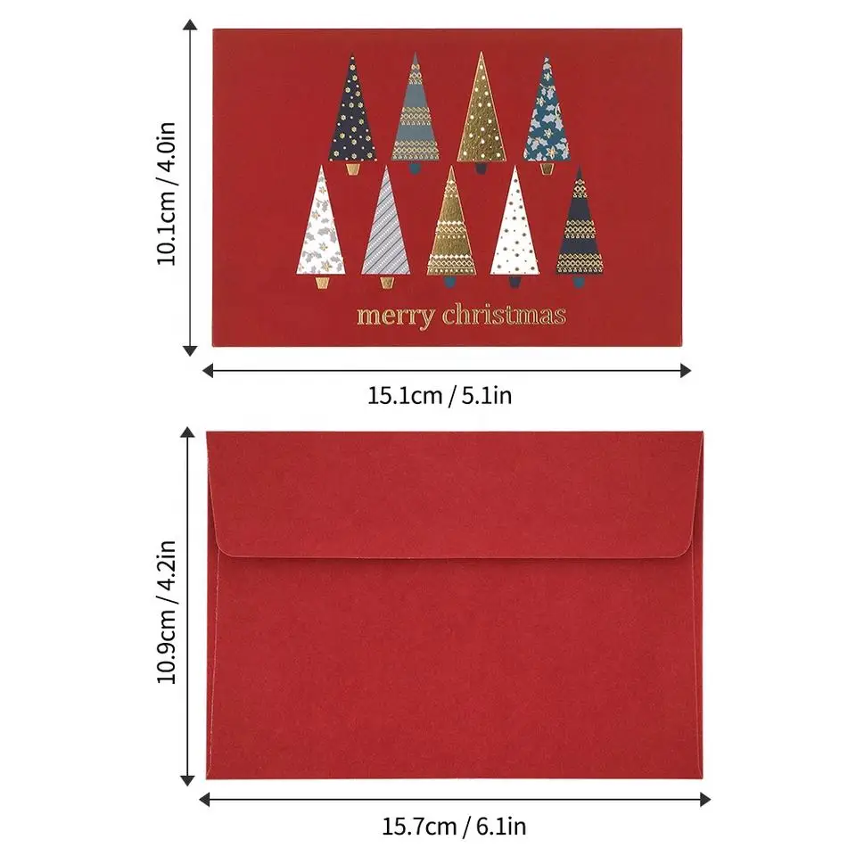 Custom Printed Handmade Paper Christmas Tree Boxed Happy Holidays Greeting Cards with Envelope Set