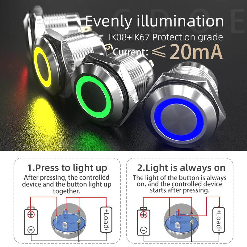 flat round 16mm pushbutton 1no1nc spdt small 12 volt led lights switch mini button ip67