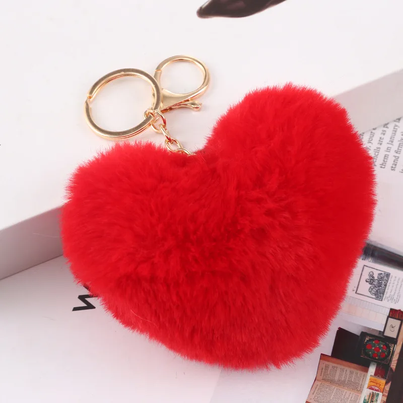 Soft Cute Furball Pompom Heart Shaped Plush Fluffy Balls Rabbit Fur Pom Pom Keychain