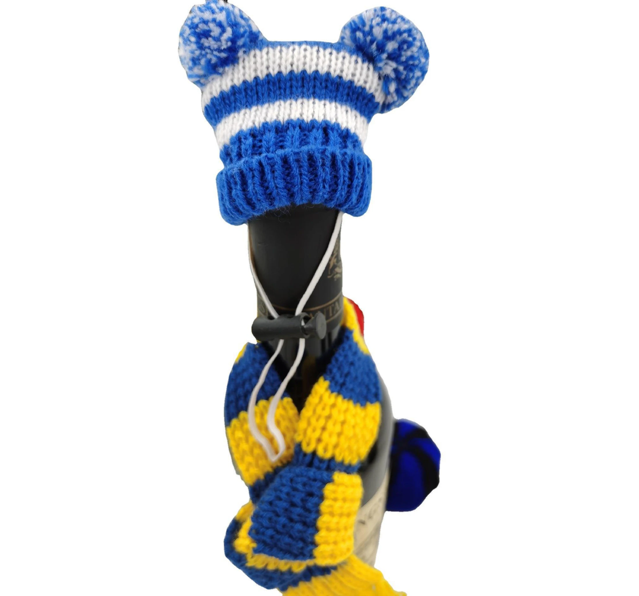 Mini Knitted scarf and hat Christmas simple striped blue dolls hats scarf wine beer bottle decoration diy decoration gift