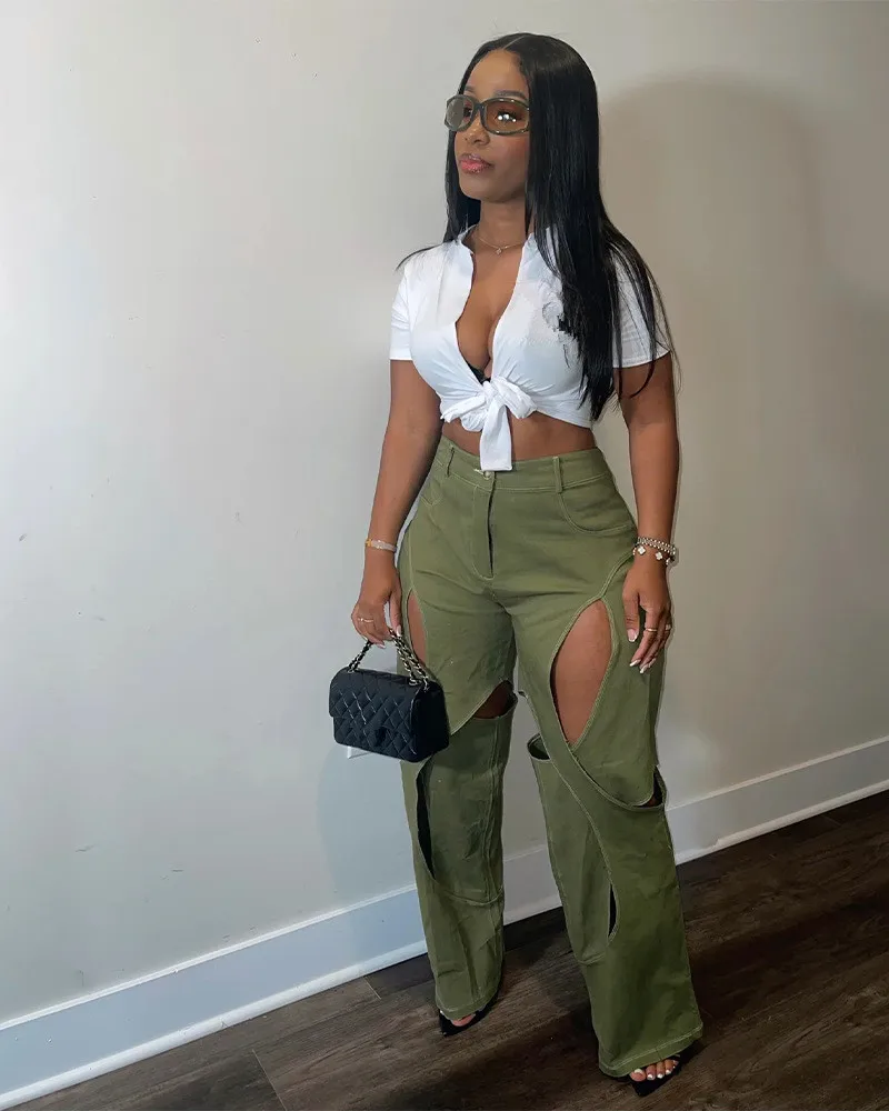 Women Fashion Cargo Pants Long Wide Leg Pants Solid Hollow-out Design High Waist Loose Casual Pants For Ladies