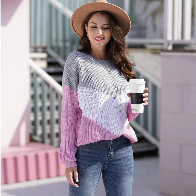 
Cowinner Women Sweaters Casual Long Sleeve Crewneck Color Block Patchwork Pullover Knit Sweater Tops 
