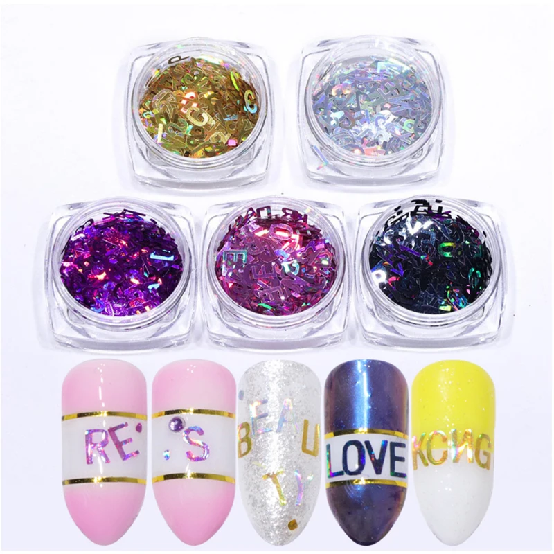 
YUXI Fashion Nail Art Sequins Glitter Mixed Size Letter Design Shape Manicure Letters Sequins Nail supplies 