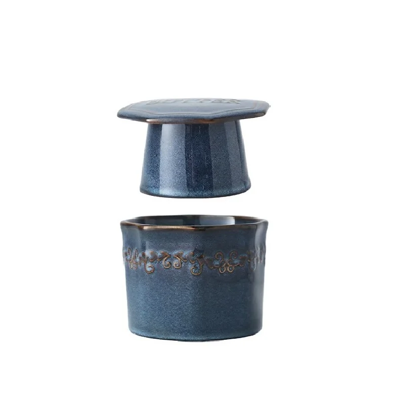 Modern Fashionable Decorative Home Tableware Deep Blue White Ceramic French Butter Crock Dish With Lid Waterline Kitchen Storage