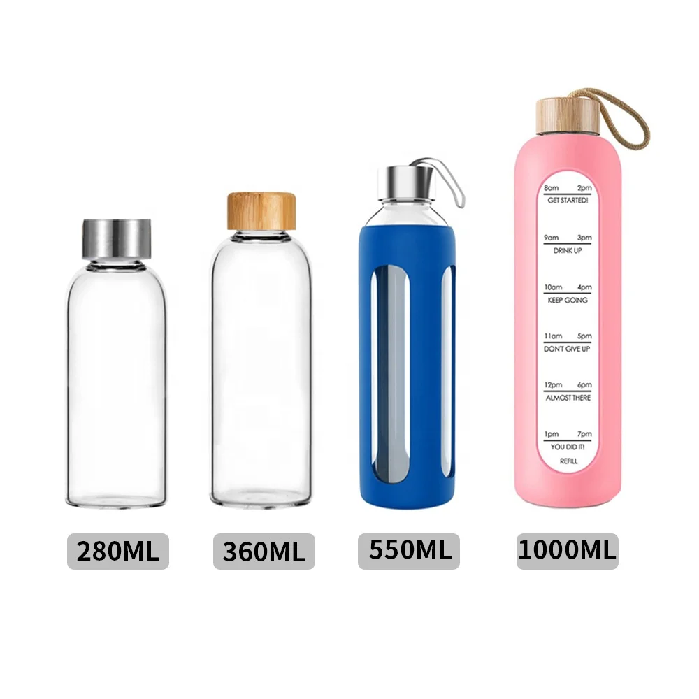
With Cover Big 1 liter Leak Proof Transparent Pink Froested Plain BPA Free 18oz Cute Bamboo Silicone Sleeve Glass Water Bottle 