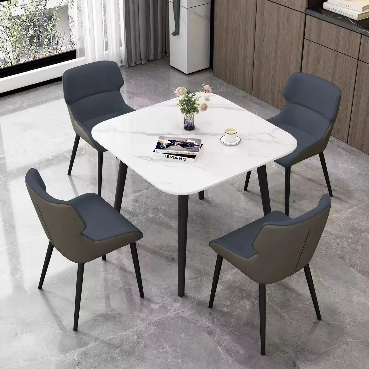 Factory Price Italian Creative Color Blocking Iron Backrest Home Cafe Furniture Leather Restaurant Dining Chairs