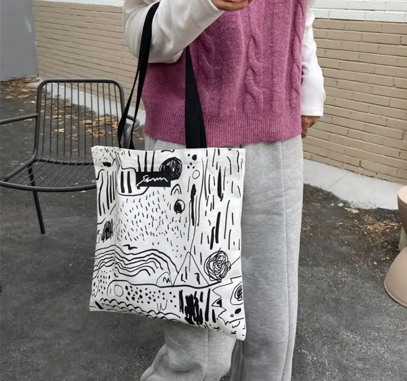 B057 recycle Pattern minimalist canvas Tote Woman bag handmade birthday gift for her reusable laptop modern printed bag supplier