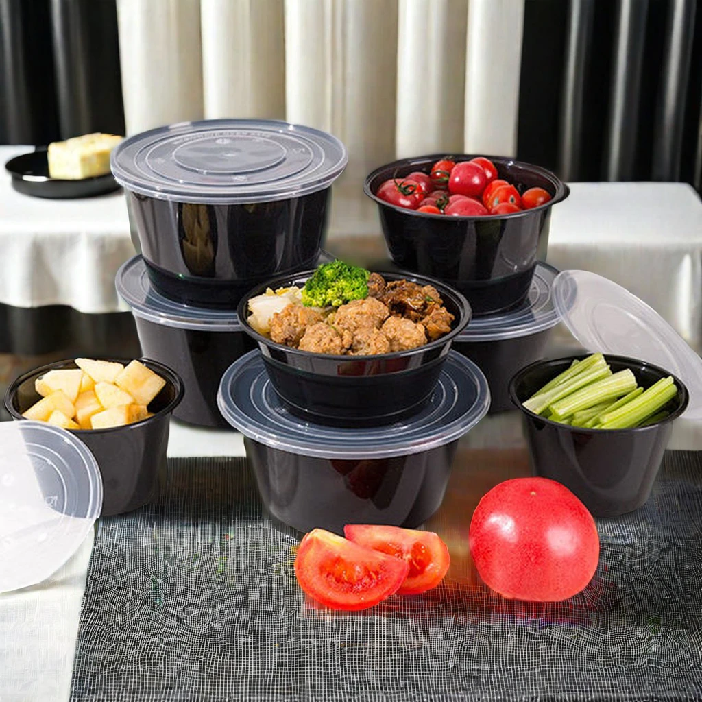 Transparent Black Disposable 450ml PP Plastic Bowl with Lid round Meal Prep Take-Away Food Container for Storage