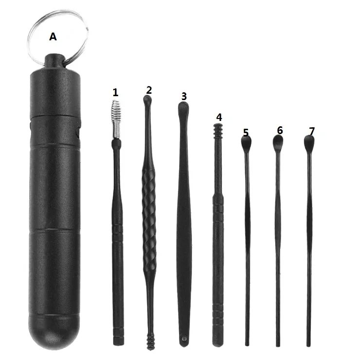 7 Pcs Portable Black Stainless Steel Ear Pick Ear wax Removal Kit Ear Spoon Cleaning Tool