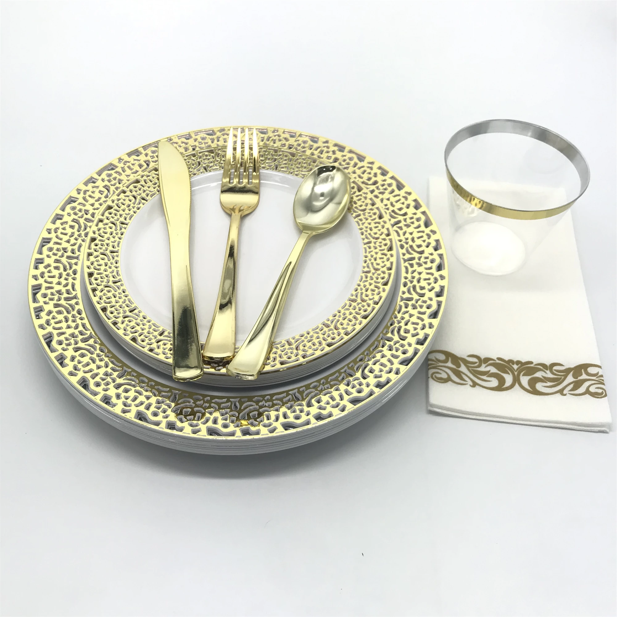 Gold Lace Design 125 Piece Plastic Disposable Dinnerware Set