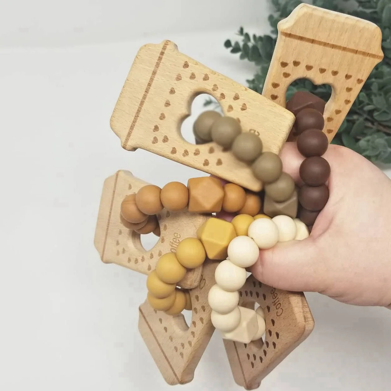 Coffee Cup Beech Teether Rattle Silicone Beads Chewable Toys Baby Teething Bracelets