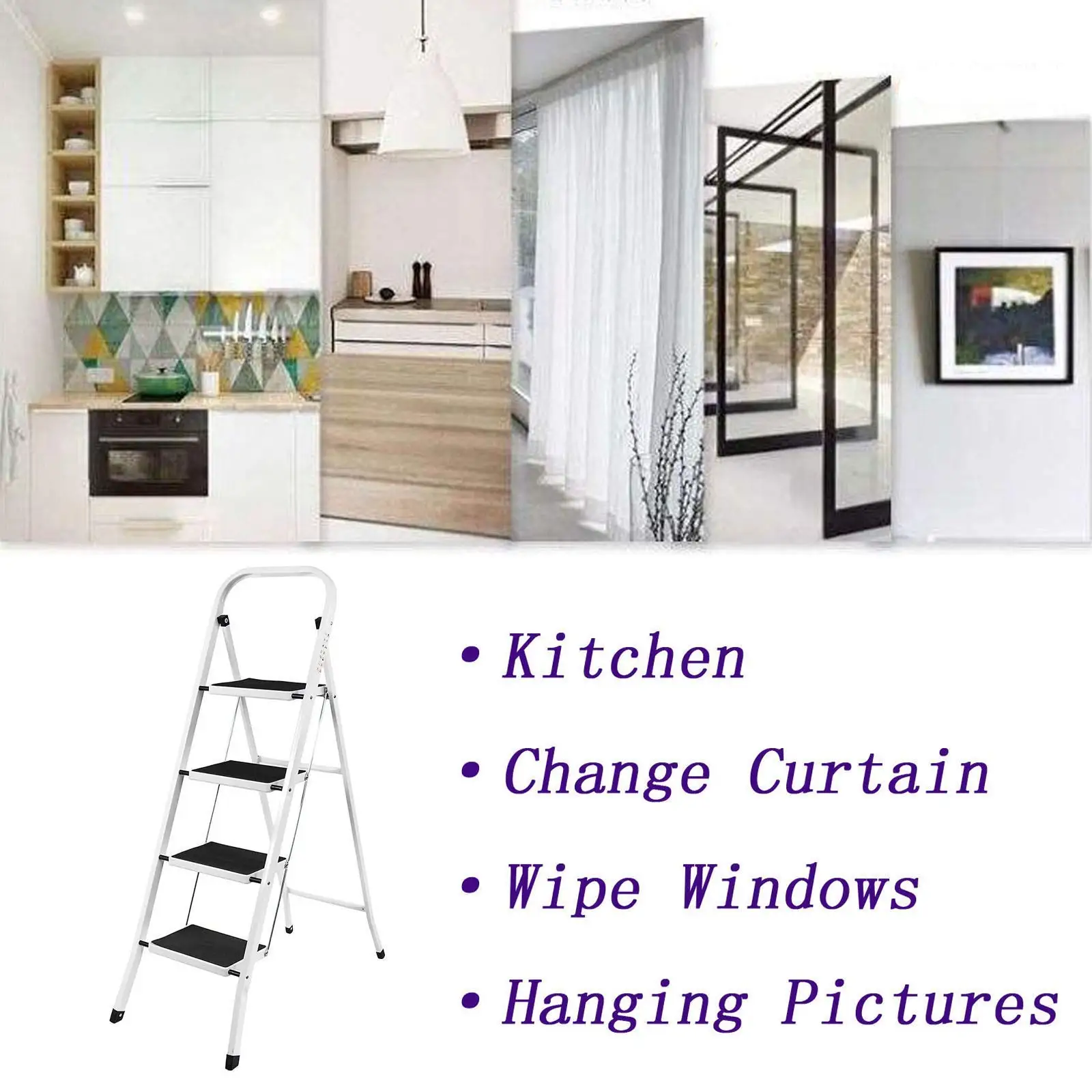 4  3 Step Ladder Folding Step Stool Anti-Slip with Wide Pedal Handrail,Heavy Duty Sturdy Safe Steel Small Ladder for Kitchen Clo
