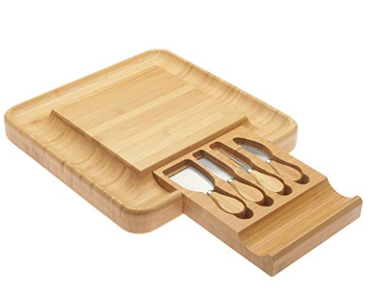 Sample Available Wholesale Cheap Natural Bamboo Large Cheese Cutting Board and Knife Set with cutlery in drawer