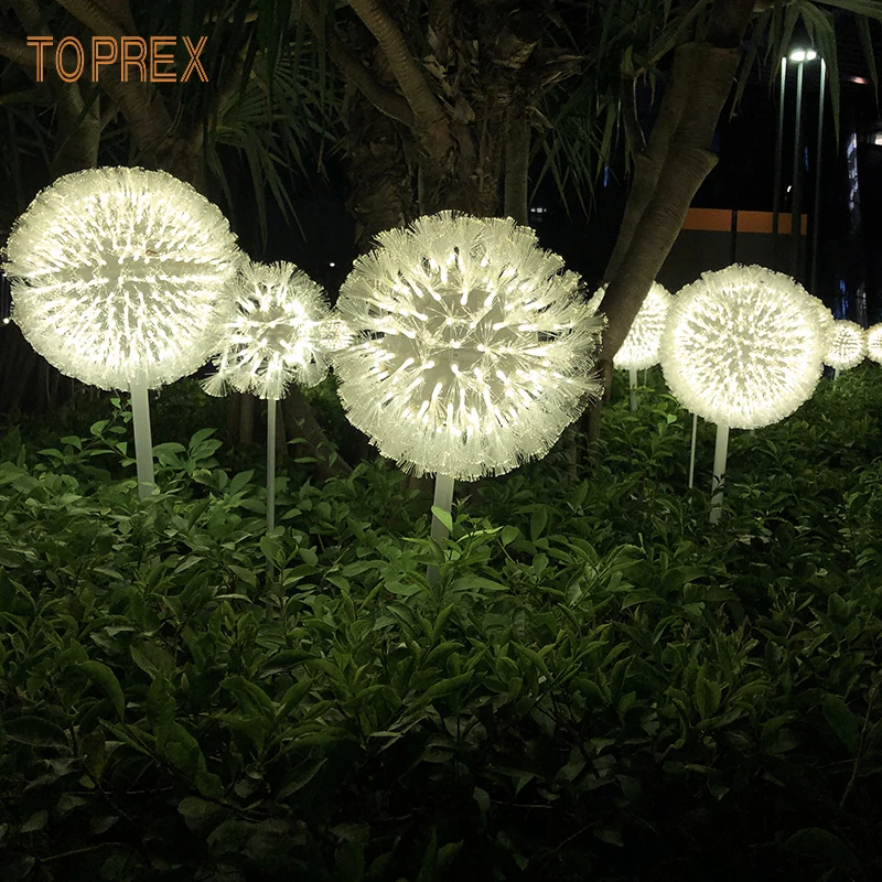 outdoor yard art metal frame fibre optic led lighted dandelion flowers light