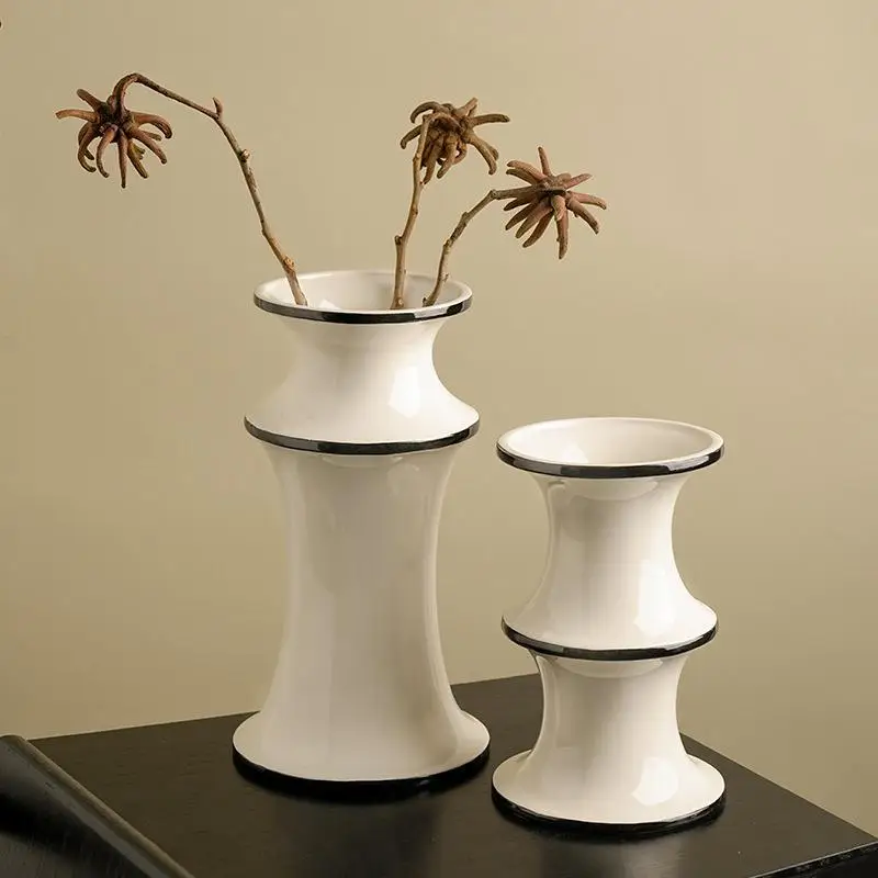Modern Minimalist Bamboo Geometric Ceramic Vase Vintage White Black Color Block Design Hotel Home Office Decor Wedding Pot