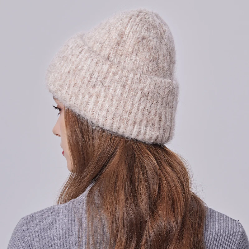 Winter Thick Knitted Angora Wool Beanie for Women Girls Colored Yarn Knit Warm Cuff Hats Custom Logo Fashion Ski Caps