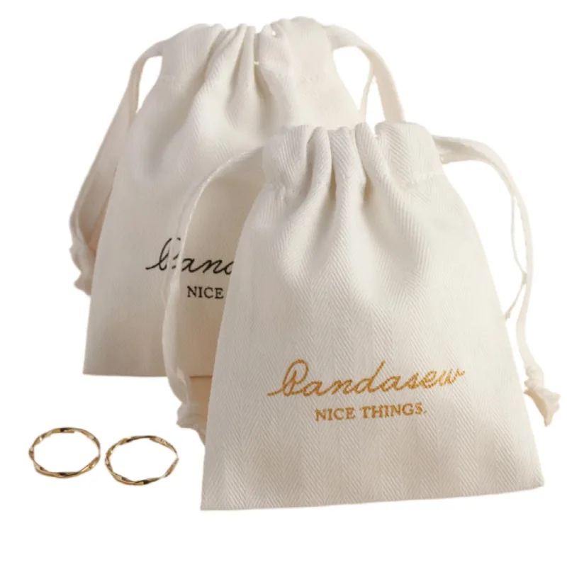 eco friendly Cotton Gift perfume Bags Gold Ribbon Logo Dust Sack drawstring jewelry Pouches
