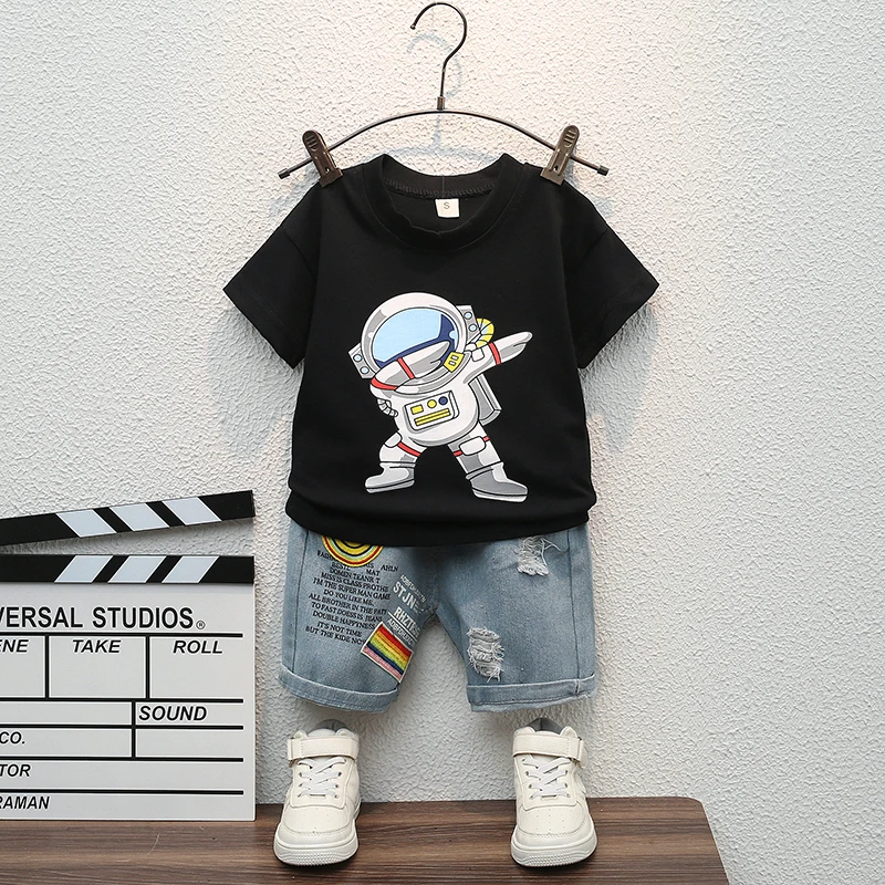 2024 Summer Handsome Baby Boys Boutique Clothing Wholesale Astronaut Short Sleeve T Shirt Jeans 2Pcs Kids Tracksuits Sets