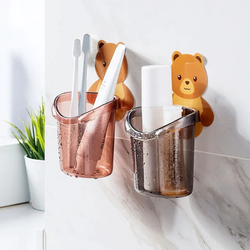 Cartoon Bear Wall Hanger No punching Storage cup bathroom toothbrush holder Toothpaste Organizer