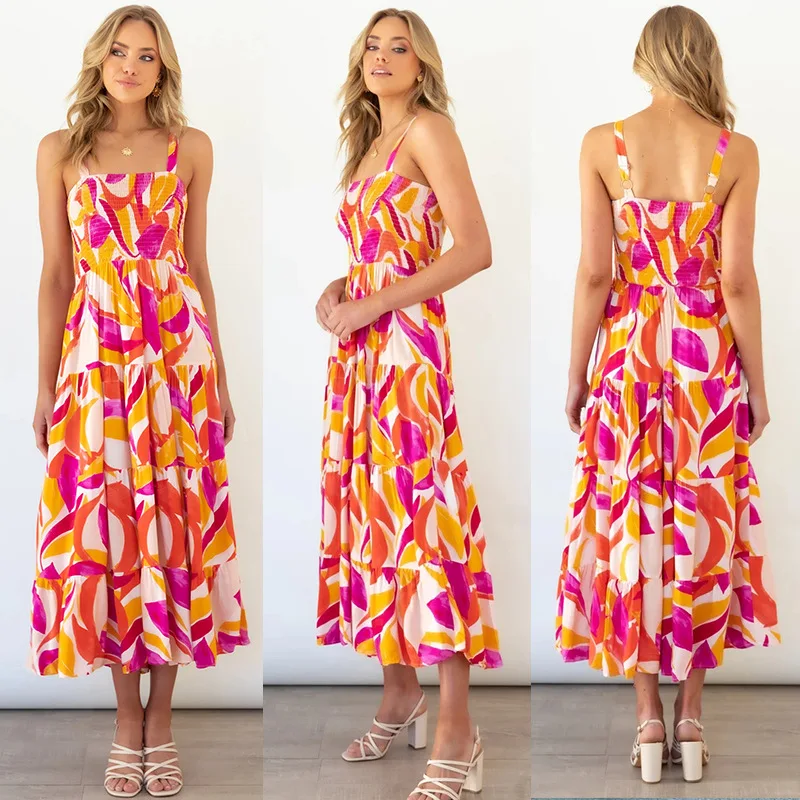 Summer new temperament strap tube top pattern print dressTube Top Waist Sexy Sleeveless Square Neck Ruffle Sling Floral